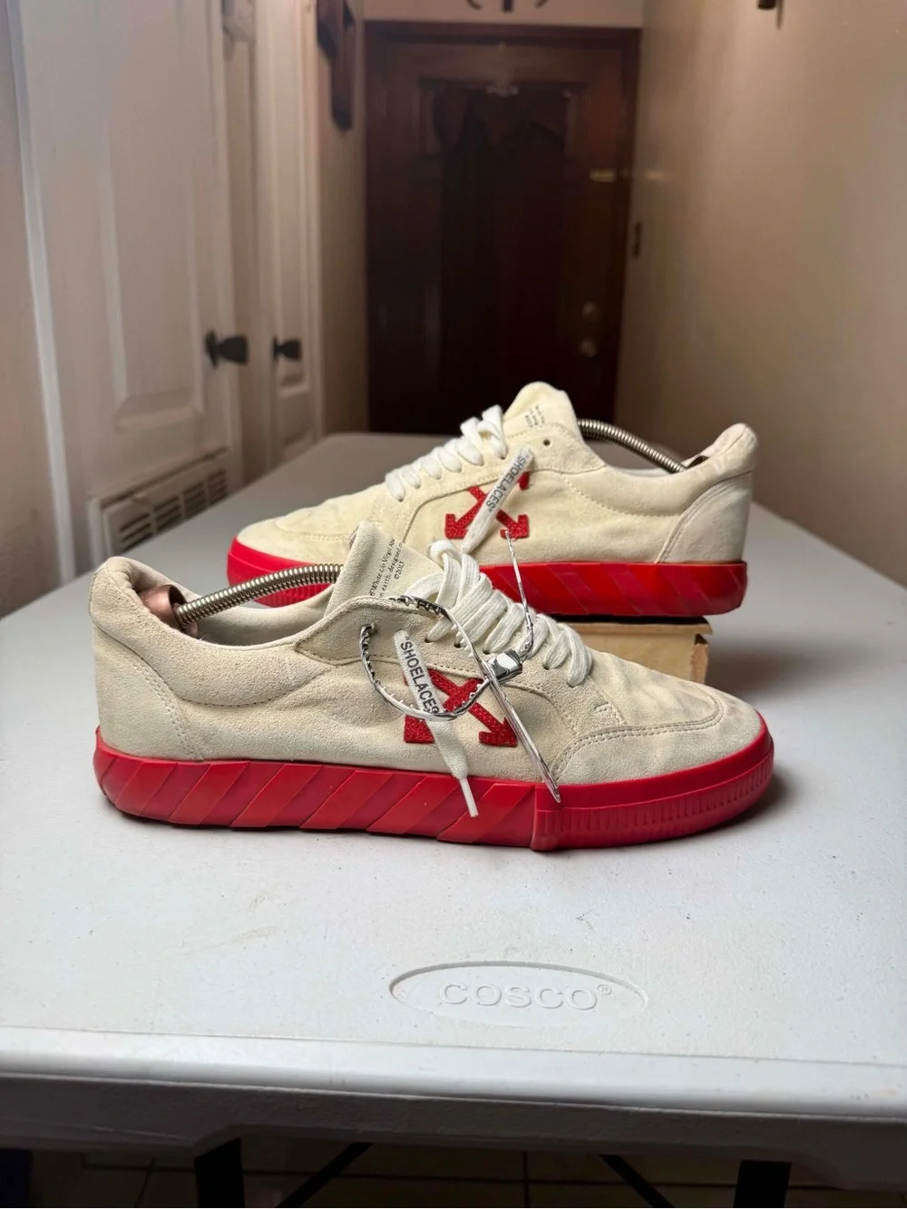 OFF-WHITE White Suede & Red Vulcanized Heel Low-Top Men's Sneakers Sz 45 / US 12